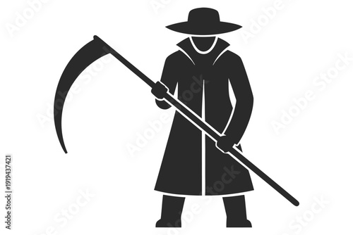 Silhouette of Grim Reaper Holding Scythe in rural farming tools silhouette Black and White Style