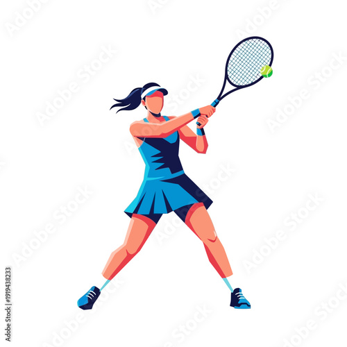 Woman playing tennis, hitting a forehand shot with a tennis racket and ball