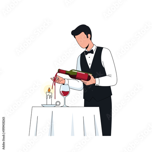 Waiter pouring red wine into glass at candlelit table, fine dining experience