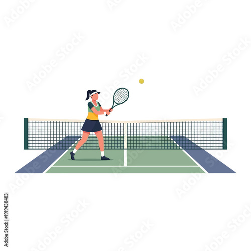 Woman playing tennis on court, hitting ball with racket, sports lifestyle