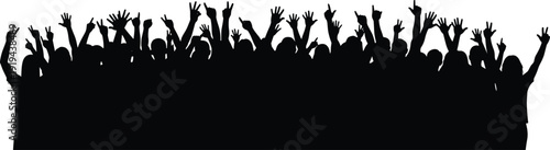 Silhouettes of cheering crowd, raised hands celebration, unity concept, protest or event gathering, social enthusiasm, people group illustration artwork