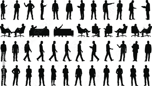 Silhouettes of people in diverse poses, standing walking sitting reading pointing conversing gesturing, casual and professional settings, human behavior illustration