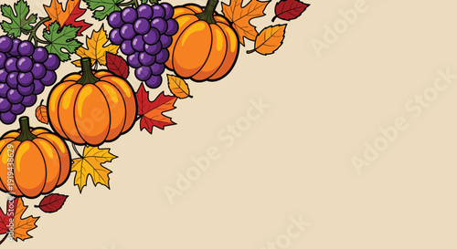 Pumpkins and Grapes with Autumn Leaves.