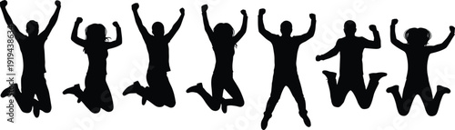 Silhouettes of people jumping, raised arms celebration, joyful energy, dynamic motion, happiness concept, excitement illustration, social enthusiasm, expressive artwork