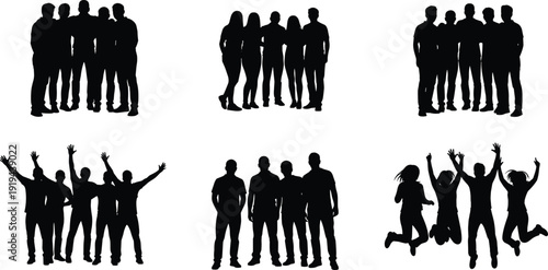 Black silhouettes of people standing and jumping on white background