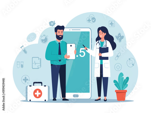 Doctor and patient standing next to large smartphone with medical icons around them
