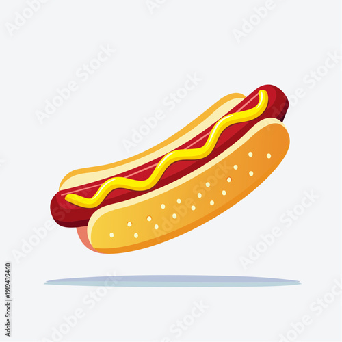 Vibrant cartoon illustration of a classic American hot dog with mustard, a delicious fast food snack often enjoyed at casual gatherings