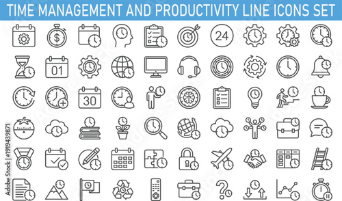 Time management and productivity line icons set, scheduling calendars, deadlines clocks, planning workflow, efficiency tools, outline vector collection