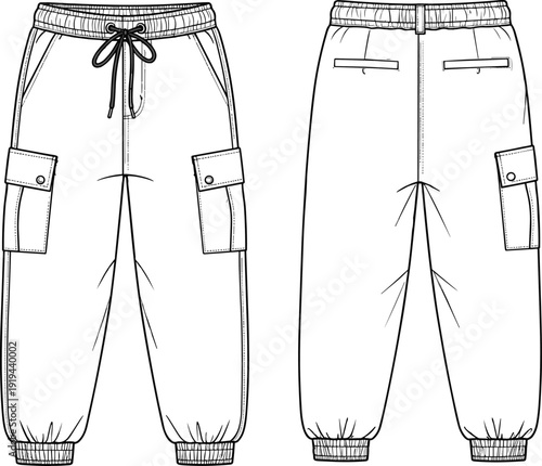 Cargo jogger pants flat sketch, cad drawing vector template, fashion technical illustration for men’s apparel, casual streetwear design