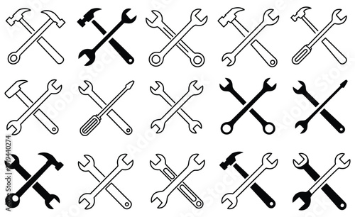 apprentice level maintenance badge with wrenches hammer and screwdriver thin line icons, beginner rank achievement symbol for technical repair skills and basic mechanical work.