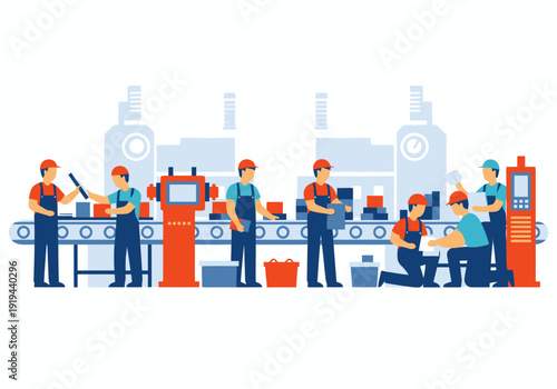 Industrial Assembly Line Workers Operating Machinery in a Modern Factory Setting For Manufacturing Production Processes