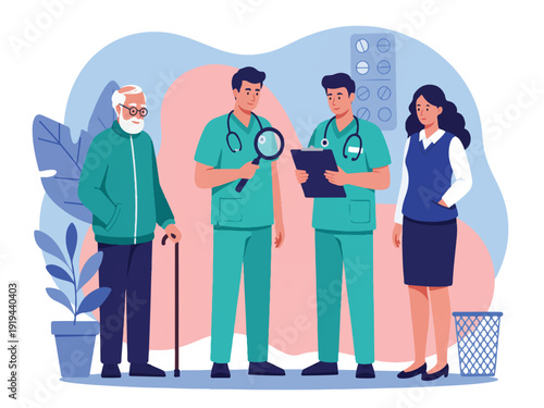 Group of medical professionals and patient discussing health with doctor and nurse holding clipboard and magnifying glass