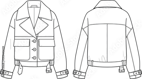 Women’s cropped jacket cad flat sketch, fashion technical drawing, vector outerwear design with button, belt, and pocket detailing