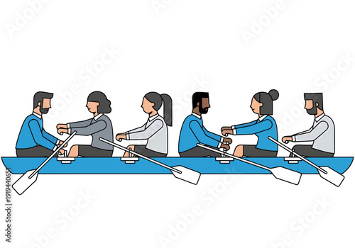 Diverse team rowing in unison in a boat representing collective effort and shared success in business ventures and collaborative projects