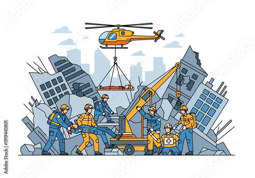 Emergency rescue operation survivors are evacuated from disaster zone rubble with helicopter and crane assistance