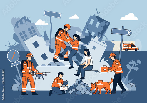 Emergency Responders Aid People Amidst Ruined Cityscape After Disaster Natural Event Helping Survivors With Drone And Medical Kit Urban Destruction