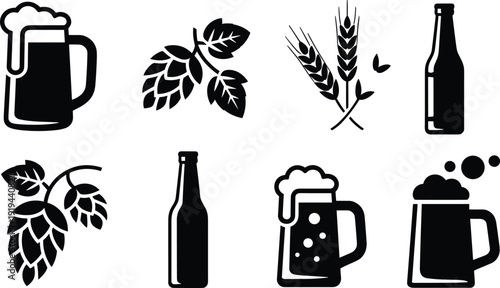 Black and white beer icons set featuring mugs, bottles, hops, and wheat illustrations, perfect for brewing, pub, bar, and beverage design projects