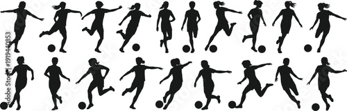 Black silhouettes of women playing soccer with balls white background