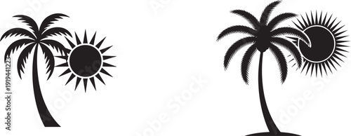 Vector illustration palm tree and sun icons on transparent background