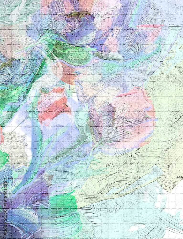 Naklejka premium Abstract background in paint. In the style of impressionism. Flowers in oil paint. Paint strokes, outlines of flowers, petals, and leaves. Art pattern, background for design. Flowering garden.