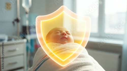 Newborn baby protection in hospital health care facility digital shield bright environment close-up view safety concept
