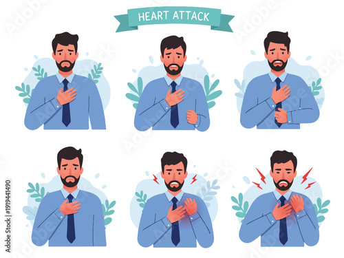 Heart attack symptoms illustration with a man in a blue shirt and tie showing various pain expressions  heart health awareness  medical concept