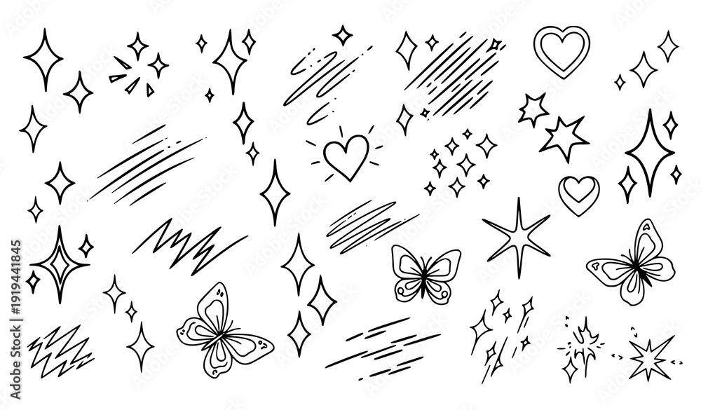 Fototapeta premium Anime Comic Twinkle Effect Vector Set – Magical Sparkle, Hearts, Butterflies