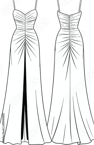 Elegant evening gown dress, ruched bodice, spaghetti straps, front slit, fitted silhouette, long flowing skirt, fashion flat sketch, vector illustration