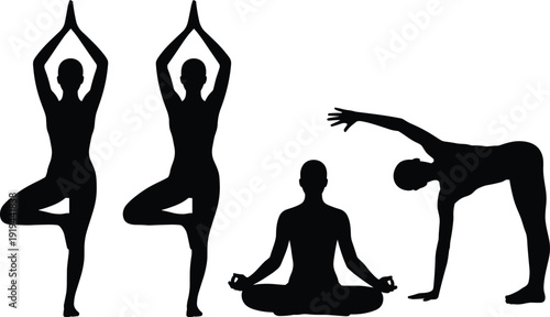Yoga silhouette illustration featuring tree pose, meditation, and side stretch positions, highlighting balance, mindfulness, flexibility, and wellness practices on clean white background design