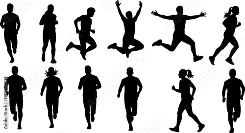 Collection of black silhouettes of people in various running and jumping poses