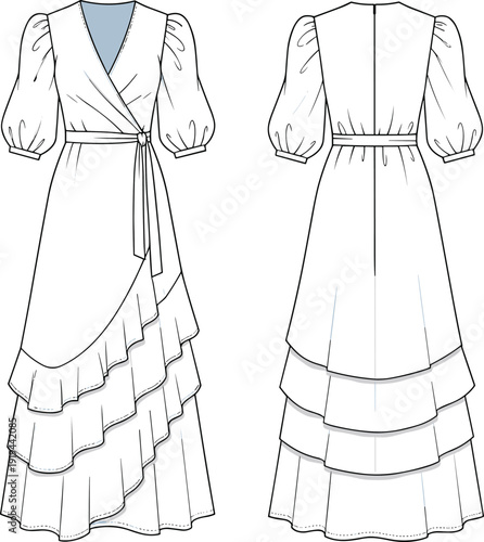 Elegant flat vector CAD drawing of layered ruffle maxi dress with puff sleeves, V-neck, waist tie, fashion sketch, clothing design