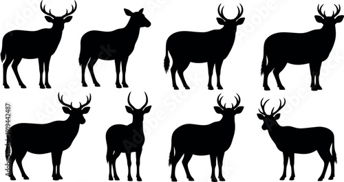 Silhouettes of deer in various poses