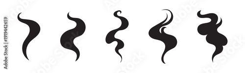 Set of black silhouettes smoke and steam wisps isolated on transparent background. Smell steam illustrations