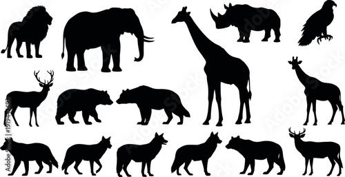 Silhouettes of various african wildlife animals