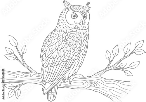 Detailed black and white line art illustration of a majestic horned owl perched calmly upon a leafy tree branch against a subtle circular background.