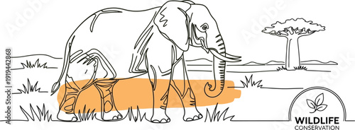 Stylized single line drawing of an African elephant walking across the savanna near a baobab tree emphasizing wildlife conservation awareness