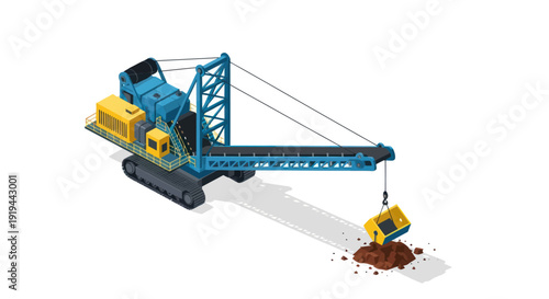Heavy machinery excavator digging with crane attachment on construction site.