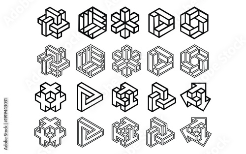 Geometric abstract shapes collection of impossible 3d objects linear vector icons