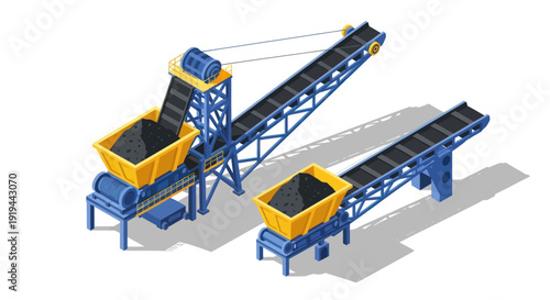 Industrial conveyor belt system with blue metal frames and yellow containers.