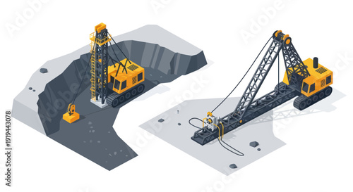 Isometric illustration of construction cranes on worksites.
