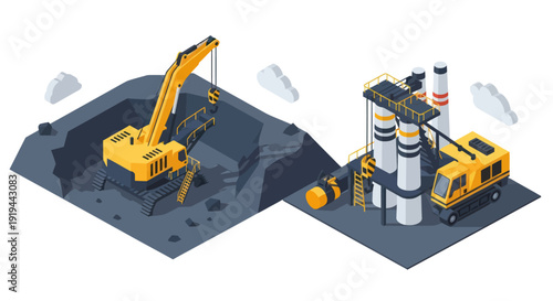 Industrial mining and processing facility with excavator and trucks.