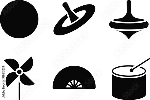 Collection of Black Silhouette Icons of Children's Toys Keywords: ball, spinning top, whirligig