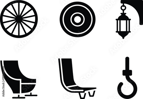Collection of Six Black Silhouettes of Mechanical and Seating Objects wheel lantern