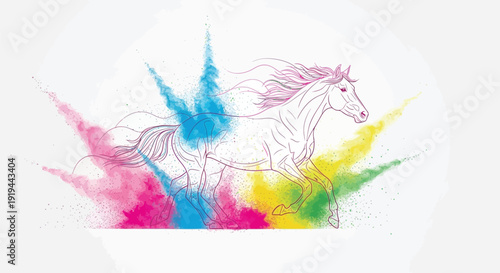 Stylized outline of a galloping horse erupting in vibrant clouds of multicolored powder symbolizing freedom and energy against a clean white background
