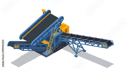 Industrial conveyor belt system with blue metal frame and black rubber belt.