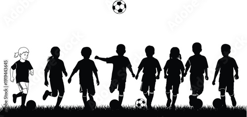Children playing soccer silhouettes on grass with soccer balls