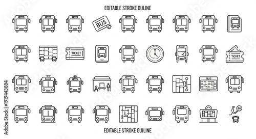 Set of various bus icons in line art style for transportation and travel themes including school buses city buses and tourist buses with editable stroke