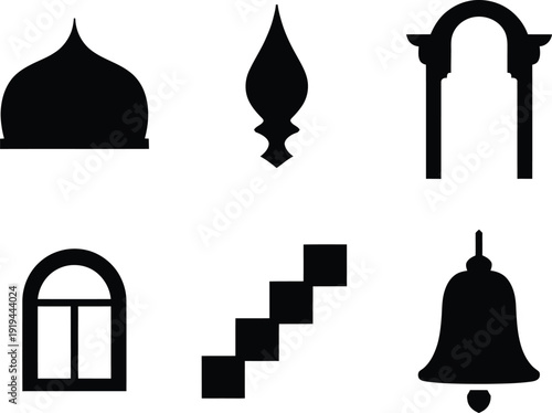 Six black silhouette icons including a dome, finial, arch, window, stairs, and bell Keywords