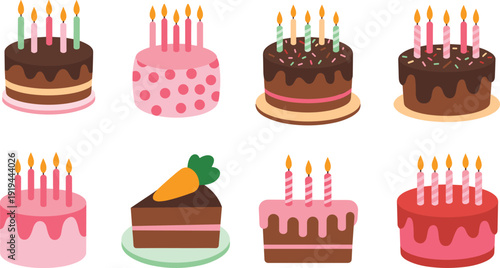 Birthday Cake Vector Illustration Set with Colorful Candles, Chocolate and Strawberry Frosting Desserts, Party Celebration Cake Icons Isolated for Bakery and Greeting Card Design