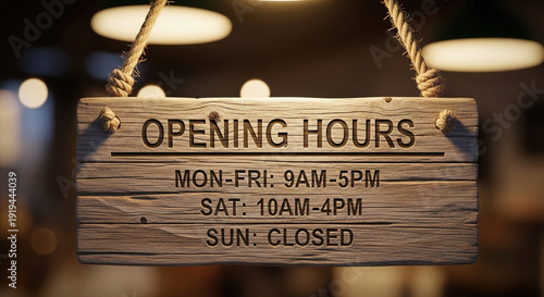 Rustic wooden sign with engraved opening hours hanging by ropes in blurred interior showing schedule from monday to sunday for business operations and customer convenience